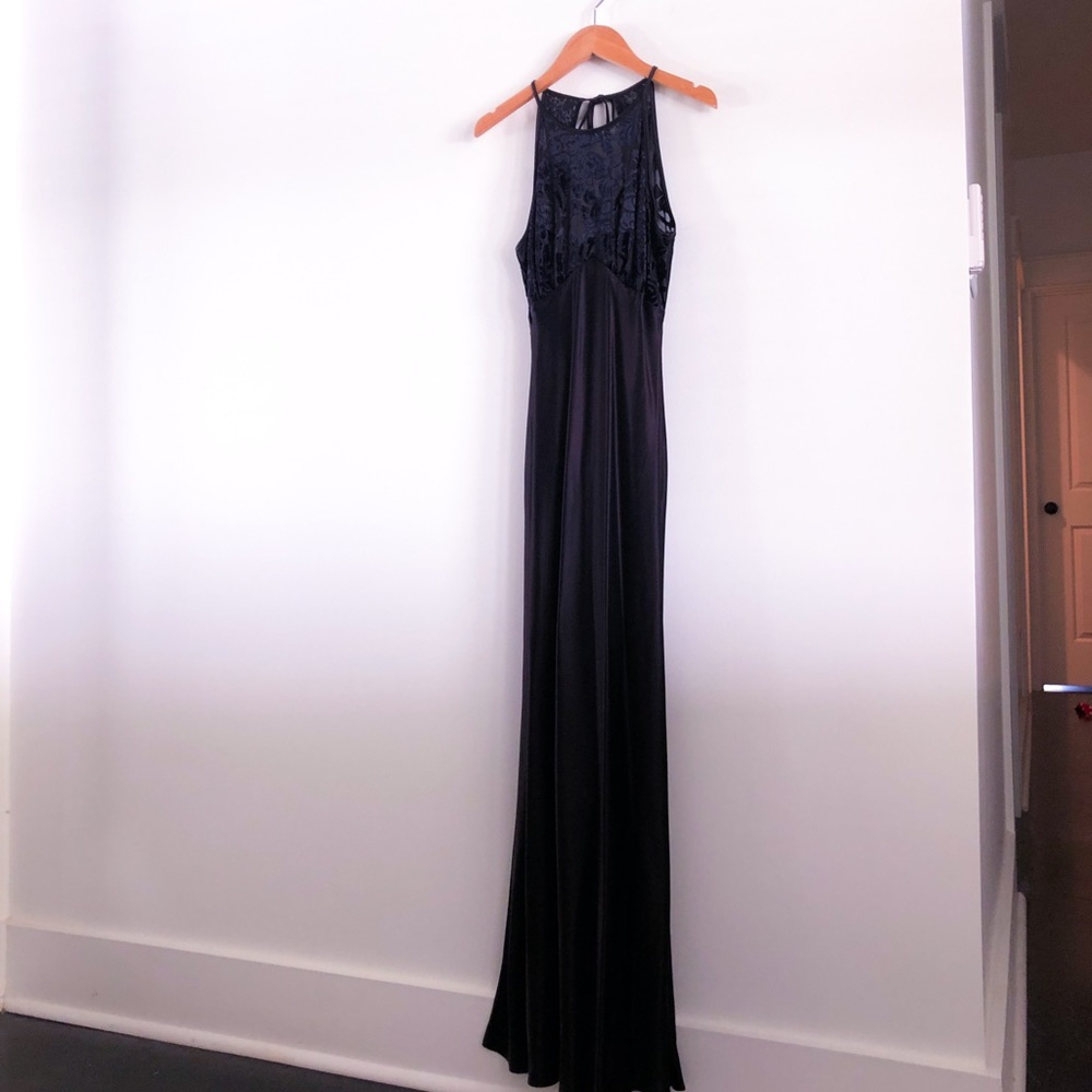 Black High-Neck Halter Dress, Velvet Bust Detail, Fits Size 2